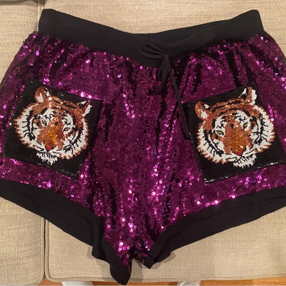 QUEEN OF SPARKLES Pants - QUEEN OF SPARKLES Purple Sequin Tiger Pocket Shorts